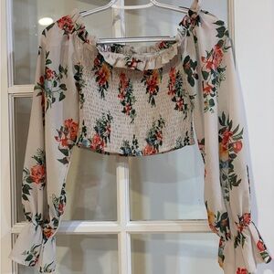 Flying Tomato Floral Boho Off-Shoulder Blouse Ruffles Smocked Cropped Small